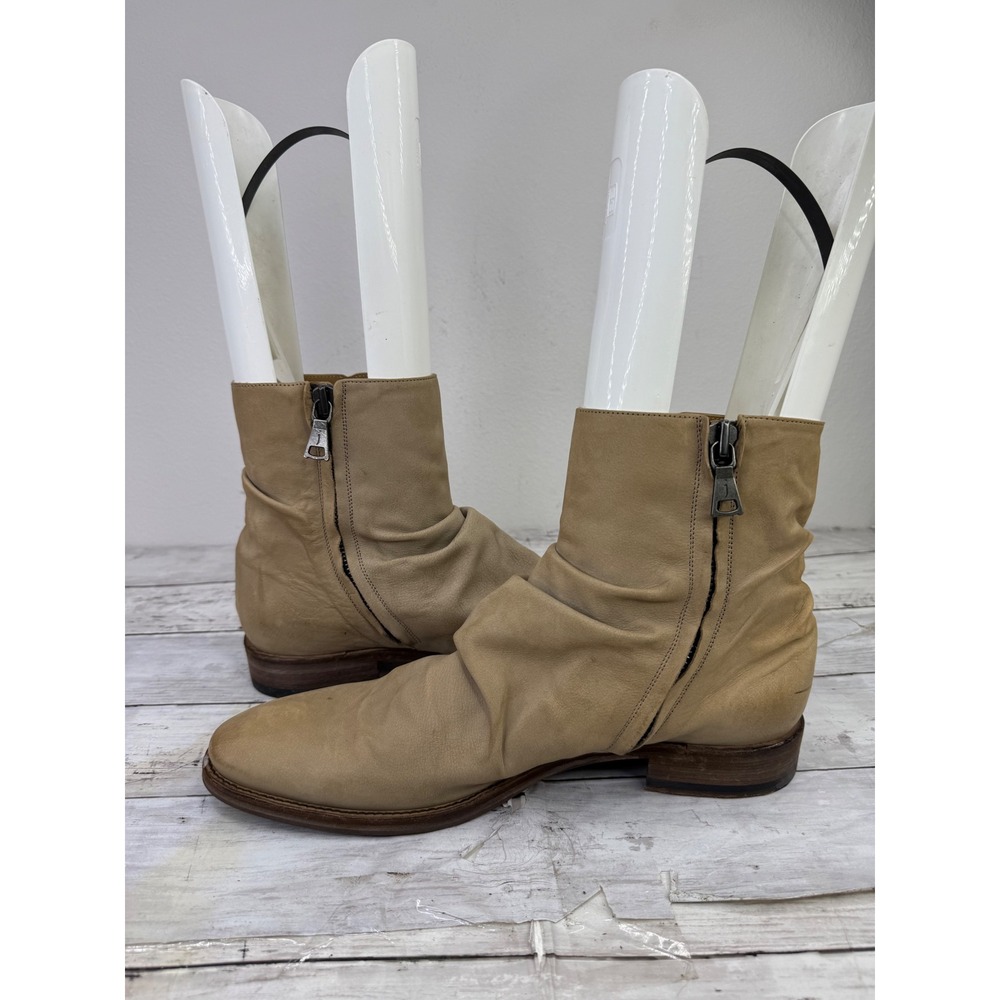 John Varvatos Tan Leather Slouchy Side Zip Ankle Boots Wood Heel